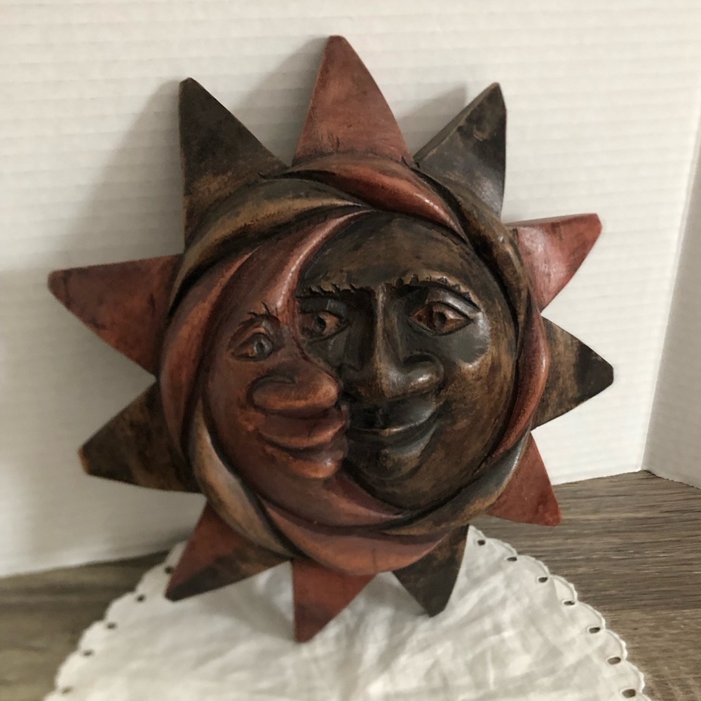 Hand Carved Sun Moon Wood Wall Art